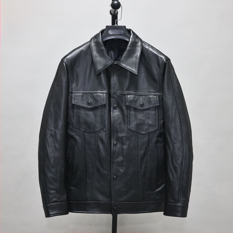 Ανδρικό δερμάτινο μπουφάν από γνήσιο δέρμα προβάτου, στενή γραμμή, κοντό μήκος, πέτο γιακά, κλείσιμο με ένα κουμπί