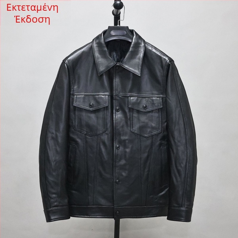 Ανδρικό δερμάτινο μπουφάν από γνήσιο δέρμα προβάτου, στενή γραμμή, κοντό μήκος, πέτο γιακά, κλείσιμο με ένα κουμπί