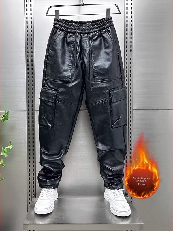 PU δερμάτινα παντελόνια, χαρέμ στυλ, παχύ ύφασμα, μεσαία μέση, πολλά τσέπες