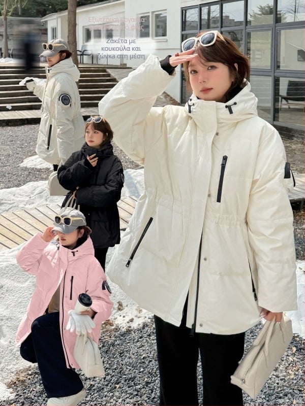 Κορεατικά εμπνευσμένο πουπουλένιο μπουφάν με κουκούλα, γέμισμα από πάπιες πούπουλο, περιεκτικότητα σε πούπουλο 90%+, γιακάς με ύψωση