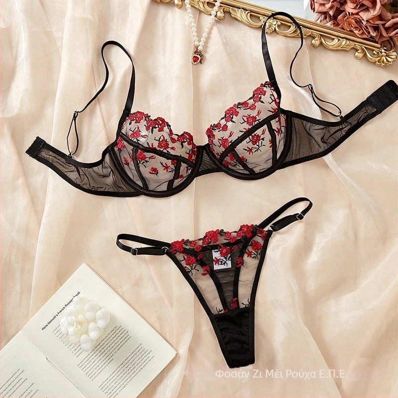 Δαντελένιο σουτιέν με μπανέλες, σετ εσωρούχων, 3/4 κύπελλα, λεπτά διαμορφωμένα κύπελλα, ημιδιαφαινόμενο