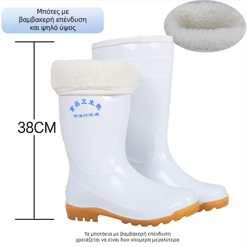 Ανδρικά και γυναικεία αδιάβροχα μποτάκια για τη βιομηχανία τροφίμων, υψηλό ύψος σωλήνα, PVC πάνω μέρος, σόλα από καουτσούκ, αντίσταση σε λάδια και ολισθήσεις, κατασκευή σε ένα κομμάτι, για όλες τις εποχές