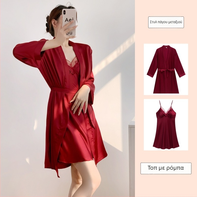 Νυχτικό Ice Silk για γυναίκες — Τιράντες με επένδυση στήθους, 90–95% Πολυεστέρας, Άνοιξη 2025