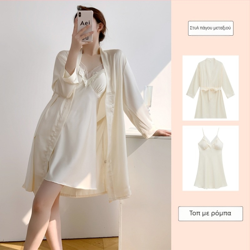 Νυχτικό Ice Silk για γυναίκες — Τιράντες με επένδυση στήθους, 90–95% Πολυεστέρας, Άνοιξη 2025