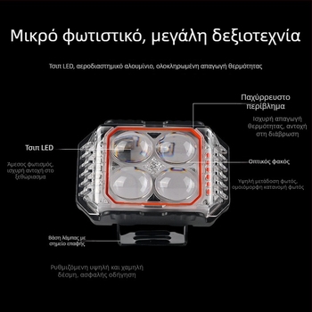 Φανάρι LED μοτοσικλέτας με σχέδιο τριών πλευρών τετράφυλλου, υψηλή и χαμηλή δέσμη, εξωτερική τοποθέτηση
