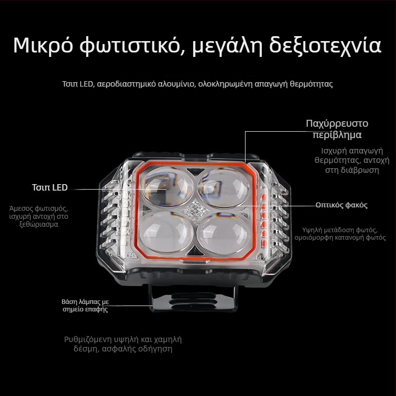 Φανάρι LED μοτοσικλέτας με σχέδιο τριών πλευρών τετράφυλλου, υψηλή и χαμηλή δέσμη, εξωτερική τοποθέτηση