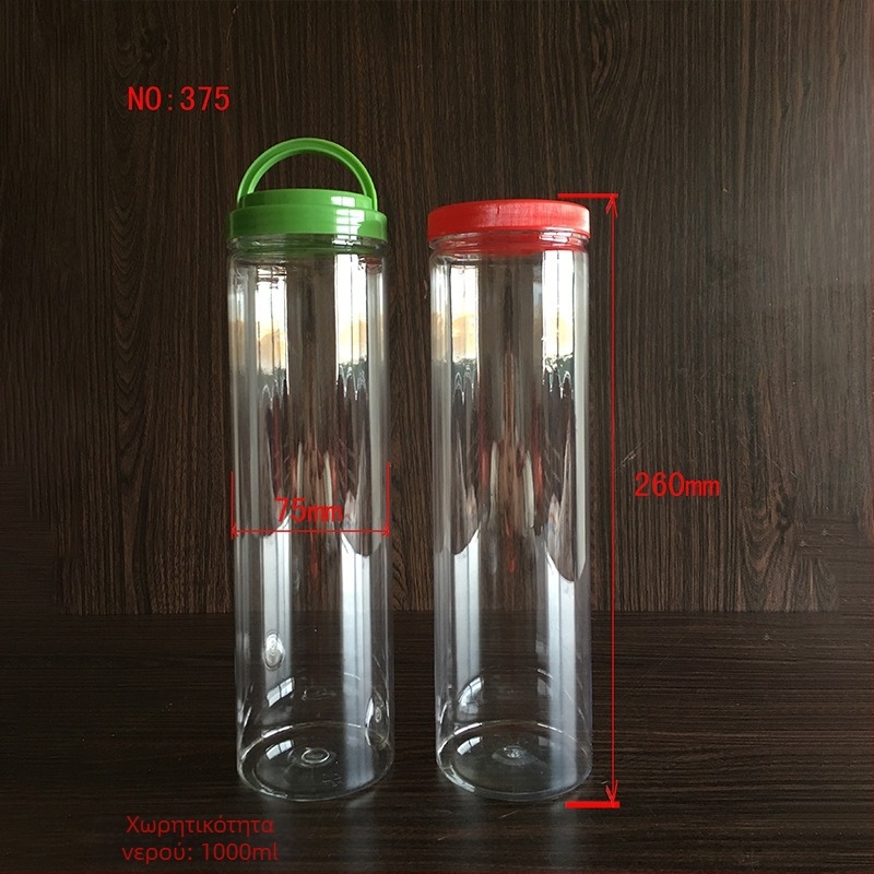 PET διαφανές κυλινδρικό μπουκάλι με χειρολαβή και καπάκι με ευρύστόμιο για καθημερινή χημική συσκευασία, με εκτύπωση λογότυπου