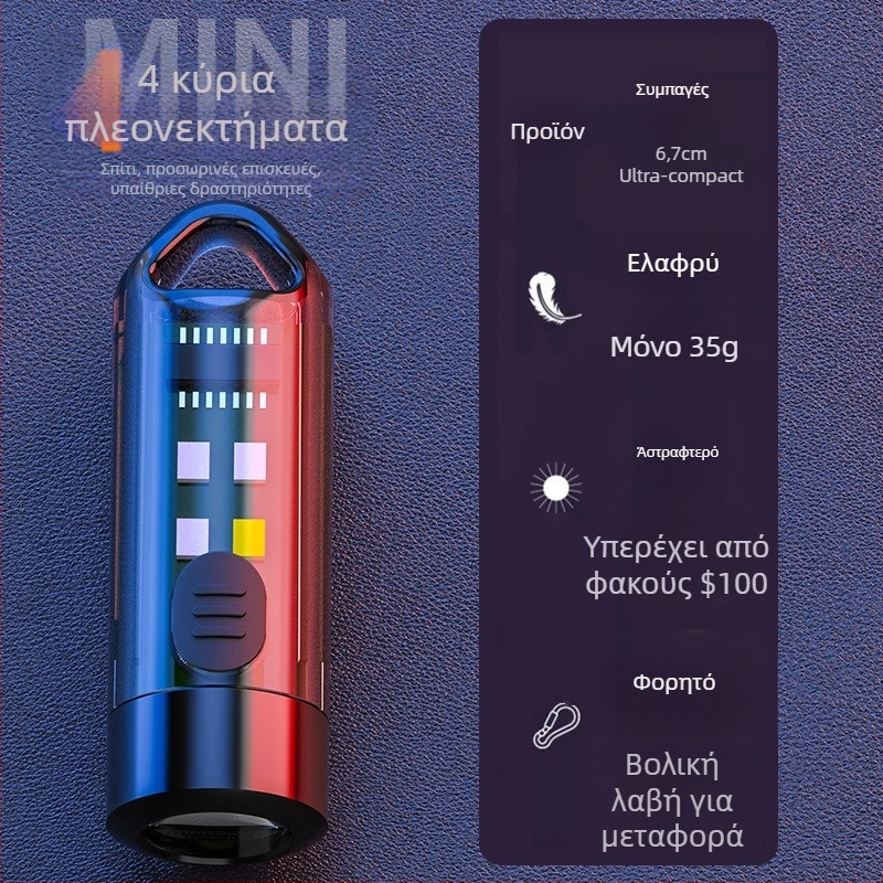 LED μίνι φακός για κλειδιά, 360° περιστροφή, τηλεσκοπικό ζουμ, αδιάβροχος, τροφοδοτούμενος με μπαταρία