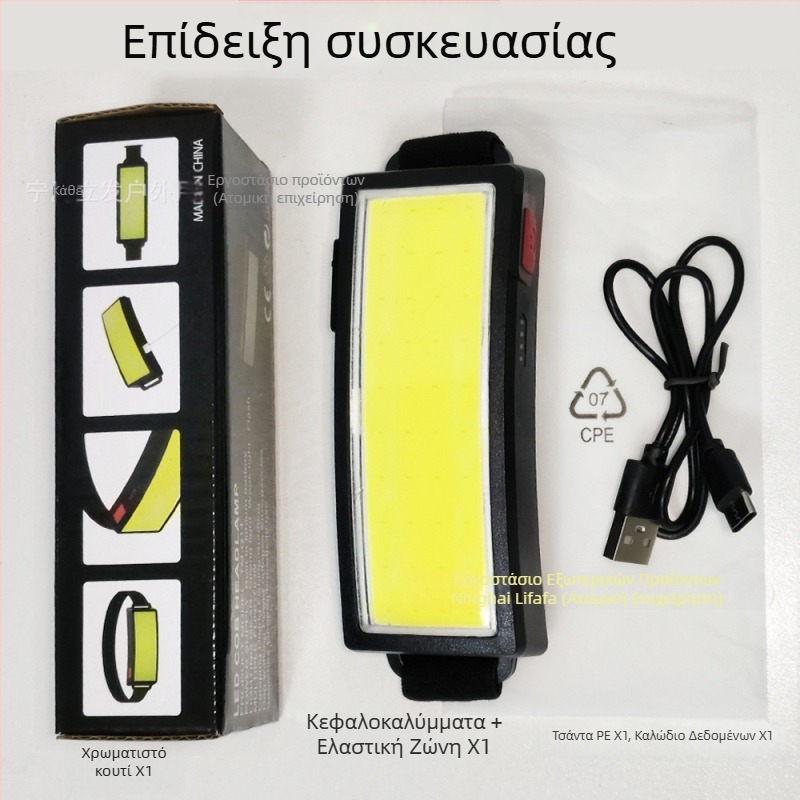 COB φακός κεφαλής με ζώνη, επαναφορτιζόμενος, 10W, ενσωματωμένη μπαταρία 1200mAh, δέσμη 50-100 m, ABS σώμα, εξωτερική εργασία