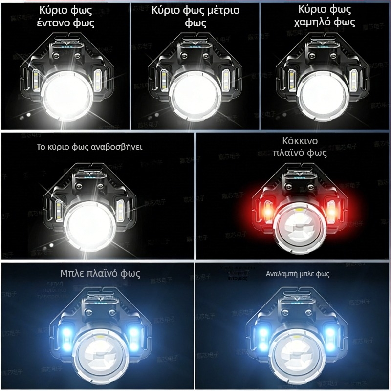 LED φακός κεφαλής, 5W, ενσωματωμένη επαναφορτιζόμενη μπαταρία 3000mAh, συμπεριλαμβάνεται φορτιστής, εμβέλεια δέσμης 100–200 m