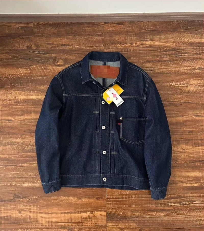 Πλυμένο τζιν μπουφάν με γιακά λάπελ, μονόμπορτο, κανονικό μήκος, πολλαπλά τσεπάκια