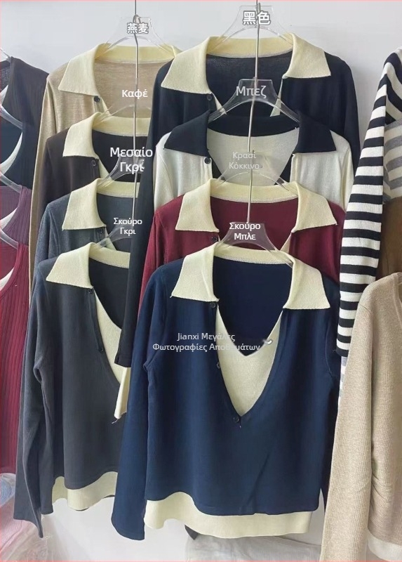 Γυναικείο μάλλινο πλεκτό πουλόβερ με patchwork, ψευδής διπλός σχεδιασμός, V-λαιμός με πέτο