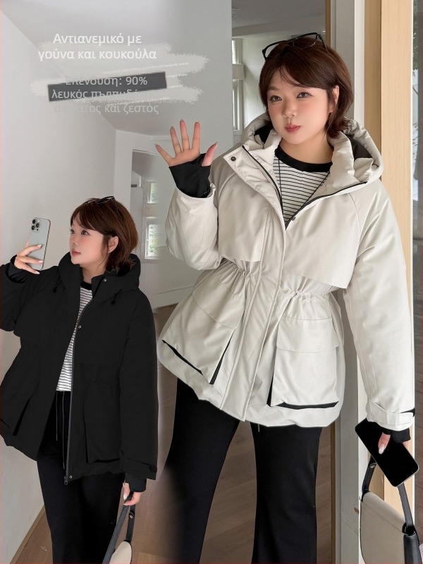 Πουπουλένιο πάρκα με ζώνη στη μέση και κουκούλα, μεσαίου μήκους, 86–90% πάπιας πούπουλου, φερμουάρ