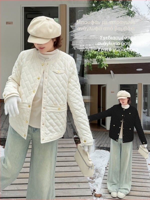 Γυναικείο διαμαντοειδές quilted βαμβακερό τζάκετ, με στρογγυλό λαιμό, χαλαρή γραμμή, χειμώνας 2025