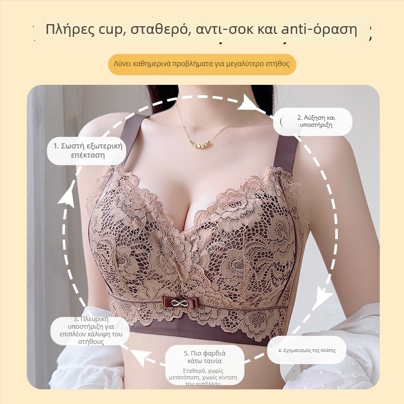 Ασύρματο δαντελένιο σουτιέν με πλευρικό κούμπωμα, αναπνέον, λεπτό καλούπωμα, σταθερές διπλές τιράντες