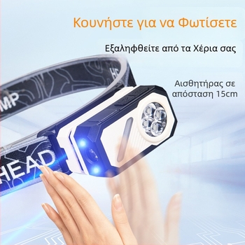 Φακός κεφαλής με αισθητήρα, μαγνητικό κλιπ, επαναφορτιζόμενος μέσω USB-C, ψηφιακή οθόνη, ισχύς 5W