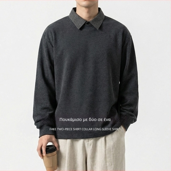 Πόλο πουκάμισο με μακριά μανίκια, twill σχέδιο, λεπτομέρεια κολλάζ, παχύ ύφασμα, συνδυασμένος τύπος