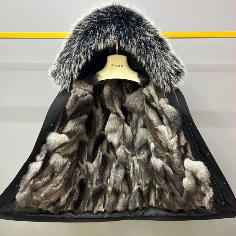 Ανδρικό παλτό με γούνα αλεπούς, εσωτερική επένδυση, αποσπώμενη κουκούλα, φερμουάρ, μεσαίο μήκος