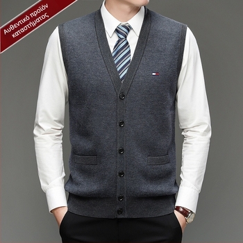 Ανδρικός καρντάγκαν από 100% μαλλί, V-λαιμόκοψη, χωρίς γιακά, με κουμπιά σε μια σειρά