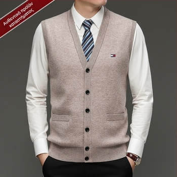 Ανδρικός καρντάγκαν από 100% μαλλί, V-λαιμόκοψη, χωρίς γιακά, με κουμπιά σε μια σειρά