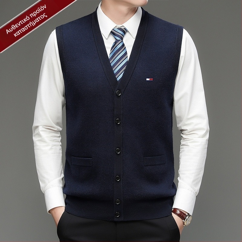 Ανδρικός καρντάγκαν από 100% μαλλί, V-λαιμόκοψη, χωρίς γιακά, με κουμπιά σε μια σειρά