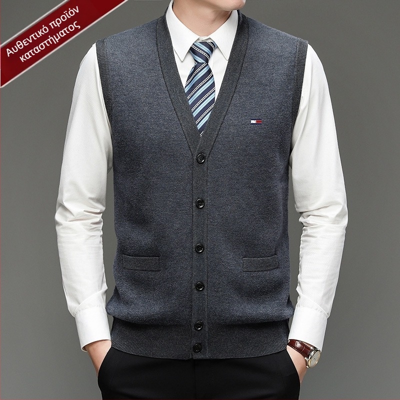 Ανδρικός καρντάγκαν από 100% μαλλί, V-λαιμόκοψη, χωρίς γιακά, με κουμπιά σε μια σειρά