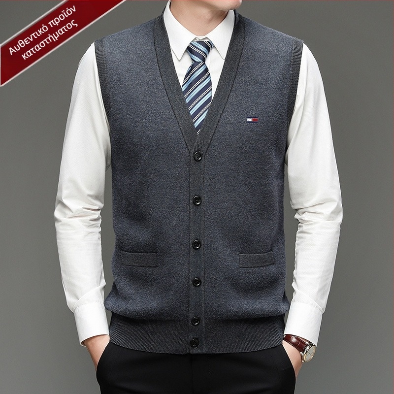 Ανδρικός καρντάγκαν από 100% μαλλί, V-λαιμόκοψη, χωρίς γιακά, με κουμπιά σε μια σειρά