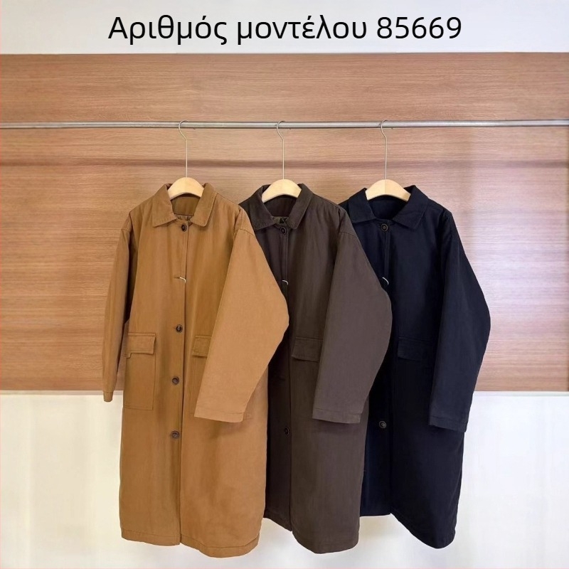 Μεσαίου μήκους βαμβακερό εξωτερικό μπουφάν, χαλαρή γραμμή, μακριά μανίκια, κλείσιμο με μονή σειρά κουμπιών, χοντρή επένδυση