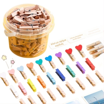 Ξύλινα κλιπ φωτογραφιών, ορθογώνια, σετ 100 τεμαχίων, με ετικέτες από σχοινί κάνναβης