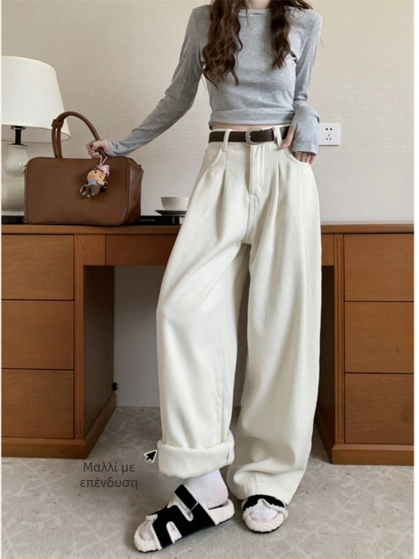 Γυναικείοι τζιν με επένδυση φλίς, παχιά και ζεστά για τον χειμώνα, ψηλή μέση, ίσια-ευρεία γραμμή