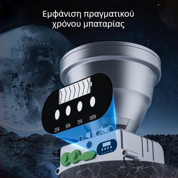 LED εξωτερικός φακός κεφαλής από κράμα αλουμινίου, τροφοδοσία με μπαταρία, χωρητικότητα μπαταρίας 6000, ισχύς 100, LED πηγή φωτός, εμβέλεια 200–500 μέτρα