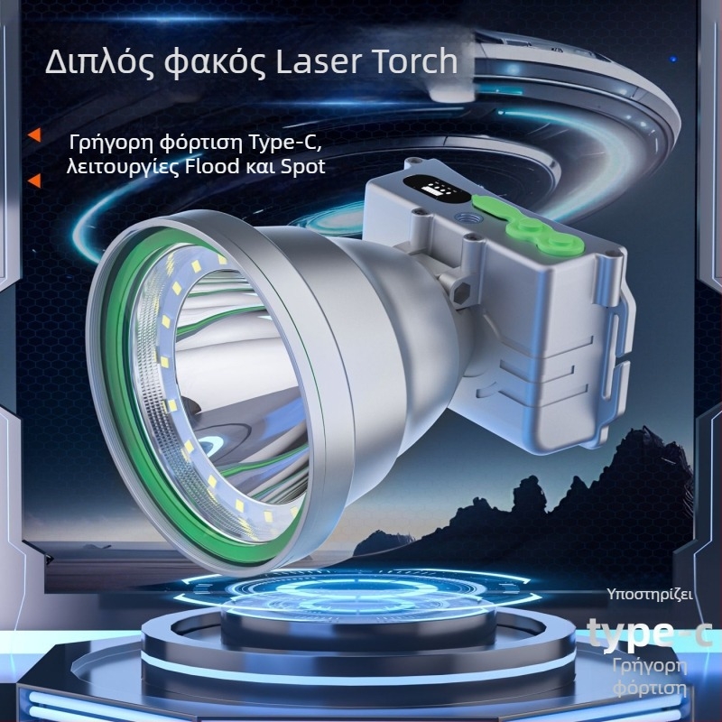 LED εξωτερικός φακός κεφαλής από κράμα αλουμινίου, τροφοδοσία με μπαταρία, χωρητικότητα μπαταρίας 6000, ισχύς 100, LED πηγή φωτός, εμβέλεια 200–500 μέτρα