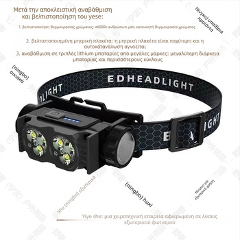 Κεφαλοφακός με μαγνητική στερέωση για κατασκήνωση και νυχτερινό ψάρεμα, LED φως, ενσωματωμένη μπαταρία 1200 mAh, ισχύς 10 W, εμβέλεια 100–200 μ, αδιάβροχος