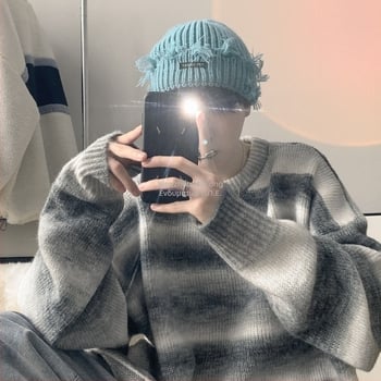 Ανδρικό πλεκτό με gradient ρίγες και κουκούλα, μίγμα μαλλιού, χαλαρή γραμμή, κορεατικό στυλ, χειμερινό