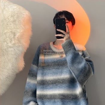 Ανδρικό πλεκτό με gradient ρίγες και κουκούλα, μίγμα μαλλιού, χαλαρή γραμμή, κορεατικό στυλ, χειμερινό