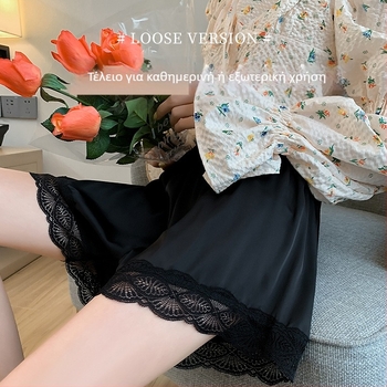 Αεράτα πολυεστερικά παντελόνια πυτζάμας, υψηλή μέση, δαντελένια διακόσμηση, φαρδιά γραμμή, μήκος τριών τετάρτων, μικροελαστικότητα