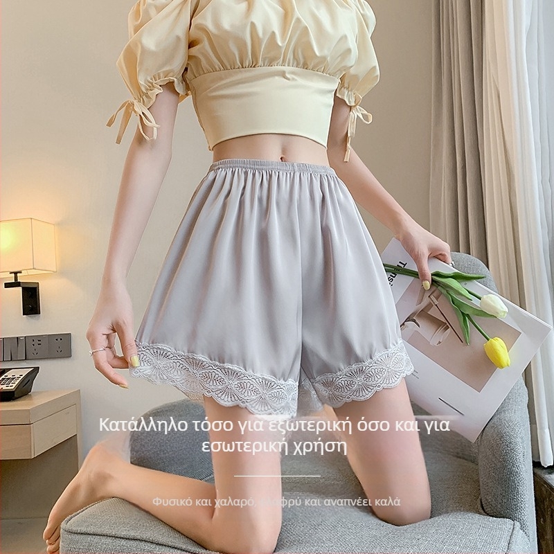 Αεράτα πολυεστερικά παντελόνια πυτζάμας, υψηλή μέση, δαντελένια διακόσμηση, φαρδιά γραμμή, μήκος τριών τετάρτων, μικροελαστικότητα