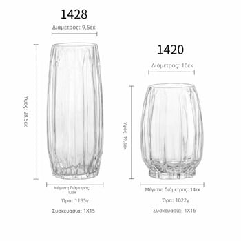 Βάζο γυάλινο με μινιμαλιστικό κάθετο ραβδωτό σχέδιο, διαφανές, κατάλληλο για υδάτινες συνθέσεις σε σαλόνι