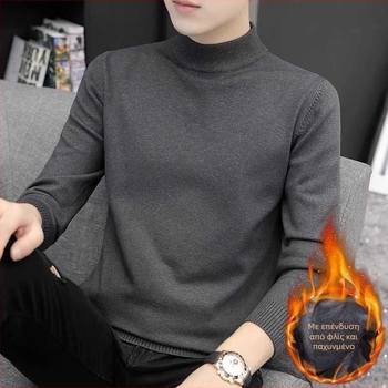 Ανδρικό πλεκτό πουλόβερ με στρογγυλή λαιμόκοψη, φλιζέ εσωτερικά, φαρδιά γραμμή, μακριές μανίκες