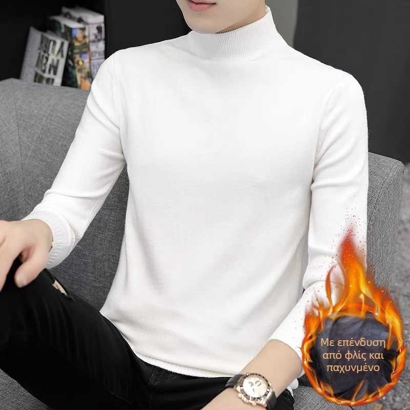 Ανδρικό πλεκτό πουλόβερ με στρογγυλή λαιμόκοψη, φλιζέ εσωτερικά, φαρδιά γραμμή, μακριές μανίκες