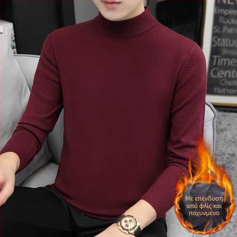 Ανδρικό πλεκτό πουλόβερ με στρογγυλή λαιμόκοψη, φλιζέ εσωτερικά, φαρδιά γραμμή, μακριές μανίκες