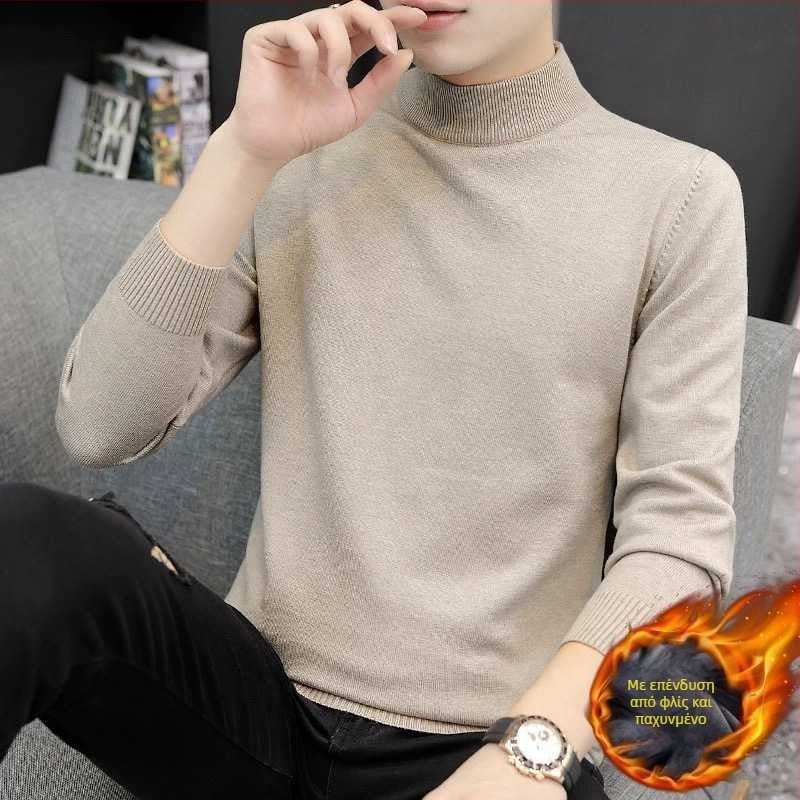 Ανδρικό πλεκτό πουλόβερ με στρογγυλή λαιμόκοψη, φλιζέ εσωτερικά, φαρδιά γραμμή, μακριές μανίκες