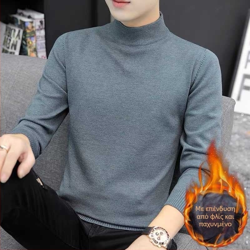 Ανδρικό πλεκτό πουλόβερ με στρογγυλή λαιμόκοψη, φλιζέ εσωτερικά, φαρδιά γραμμή, μακριές μανίκες