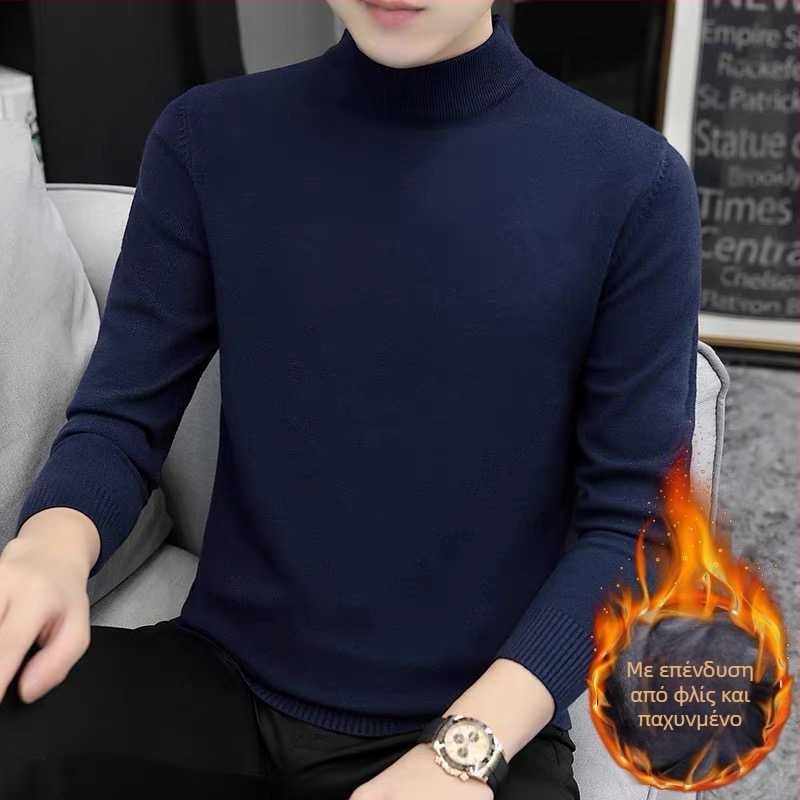 Ανδρικό πλεκτό πουλόβερ με στρογγυλή λαιμόκοψη, φλιζέ εσωτερικά, φαρδιά γραμμή, μακριές μανίκες