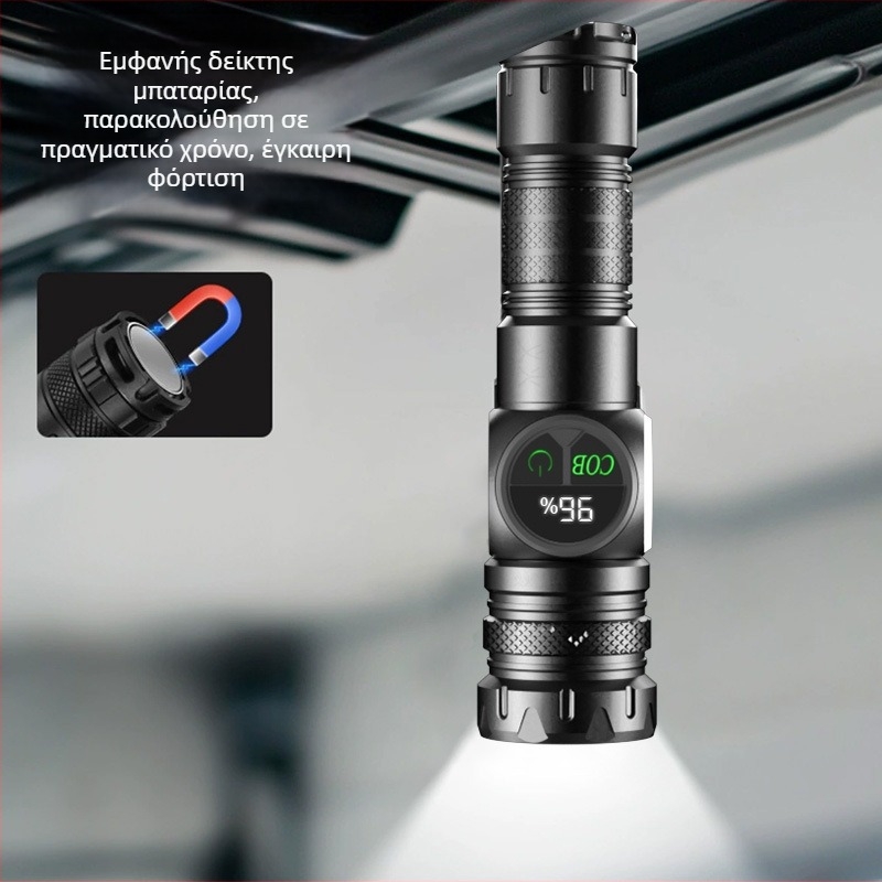 Φακός LED χειρός, 1000 lm, δέσμη 120°, εμβέλεια 200–500 m, ενσωματωμένη μπαταρία 18650 1200 mAh