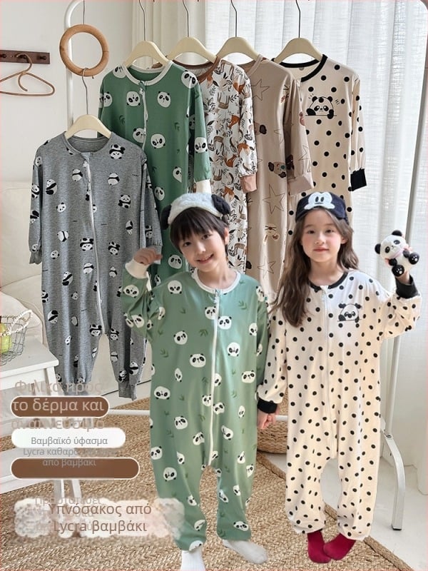 Παιδικό onesie ύπνου με διαχωρισμένα πόδια από βαμβάκι-λυκρα – προστασία κοιλιάς, οικιακή ενδυμασία για όλες τις εποχές, 3–8 ετών, Κορεάτικο στυλ, 95% βαμβάκι, μοτίβα: ζώα/κινούμενα σχέδια/κουκίδες