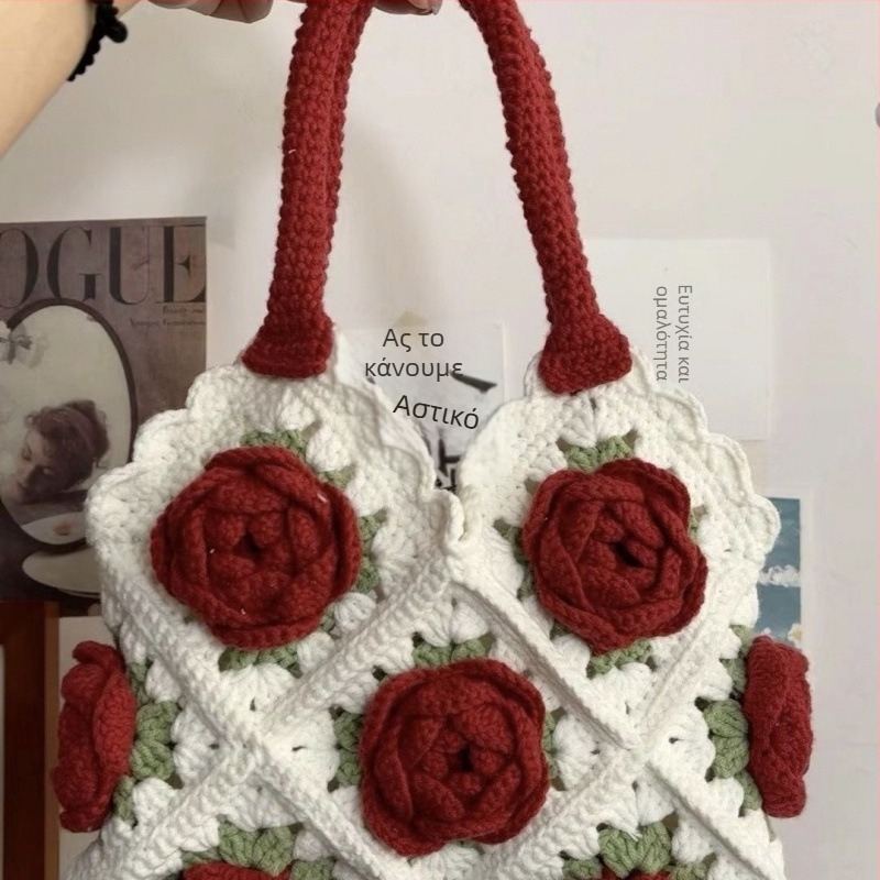 Τσάντα στον ώμο — DIY μάλλινη πλεκτή, μοτίβο Camellia Grandmother Plaid, unisex στυλ, Άνοιξη 2024, καθημερινή χρήση