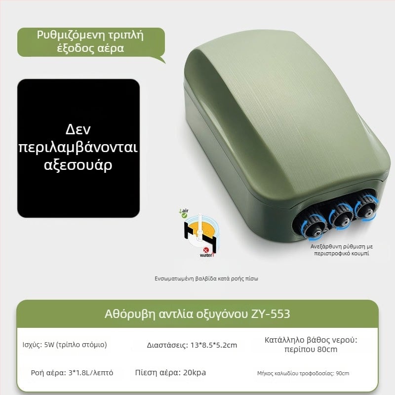 Αντλία οξυγόνου για ενυδρείο, ήσυχη και συμπαγής, με διπλό ακροφύσιο και ρυθμιζόμενη ροή για οικιακό ενυδρείο
