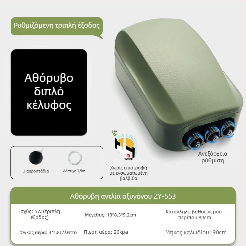 Αντλία οξυγόνου για ενυδρείο, ήσυχη και συμπαγής, με διπλό ακροφύσιο και ρυθμιζόμενη ροή για οικιακό ενυδρείο