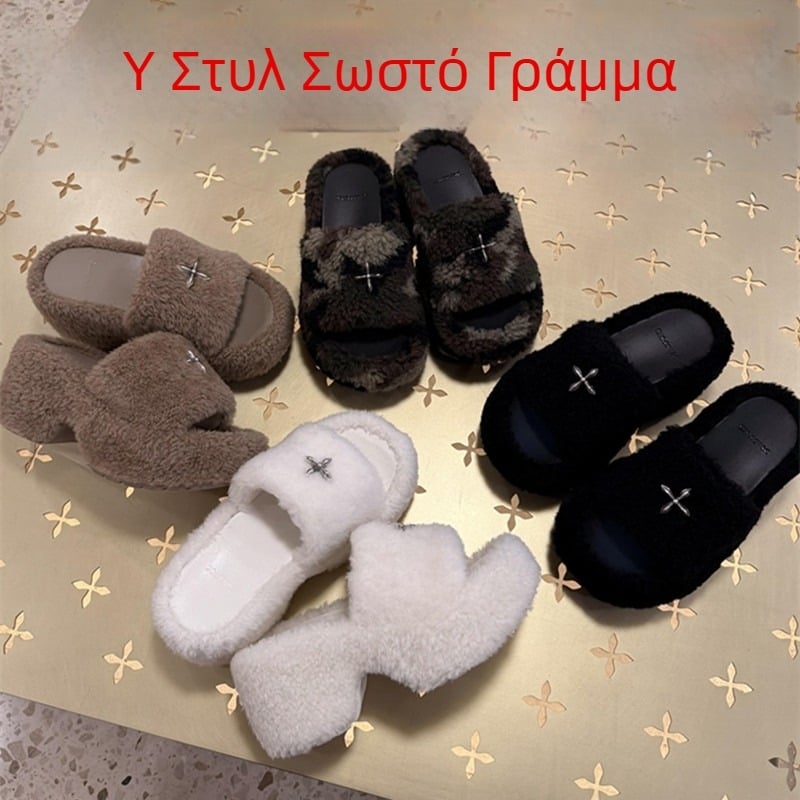 Γούνινες παντόφλες με σφηνοειδή τακούνι, επάνω από plush, μαλλί εσωτερική επένδυση, σόλα από φυσικό καουουκ, βελούρι με μοτίβο διασταυρωμένων λουλουδιών